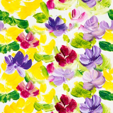 Kusursuz desenli pembe ve menekşe çiçekleri, sanat resimleri, yaratıcı el boyası arka plan, fırça dokusu, akrilik resim. Modern sanat. Çağdaş sanat.