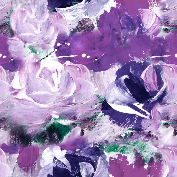 Seamless pattern of abstract purple flowers, art painting, creative hand painted background, brush texture, acrylic painting on canvas. Modern art. Contemporary art.