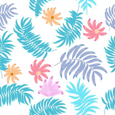 Dekoratif mavi yaprakları ve çiçekleri olan kusursuz bir desen. Tropik vektör arkaplanı, orman duvar kağıdı.
