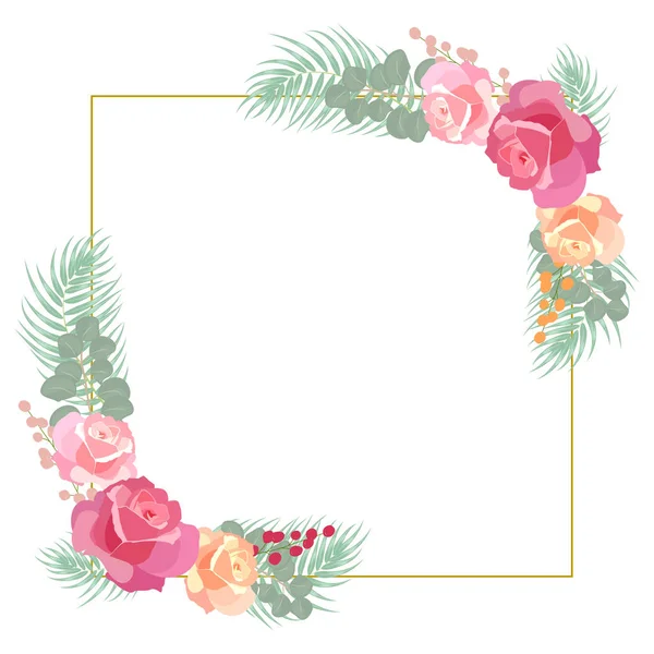 Flower Frame Roses Eucalyptus Leaves Isolated White Background Plants Botanical — Stock Vector