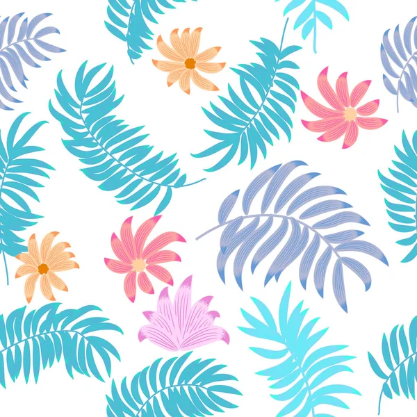 Dekoratif mavi yaprakları ve çiçekleri olan kusursuz bir desen. Tropik vektör arkaplanı, orman duvar kağıdı.