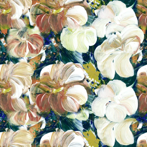 Seamless pattern of abstract flowers, art painting, creative hand painted background, brush texture, acrylic painting on canvas. Modern art. Contemporary art.