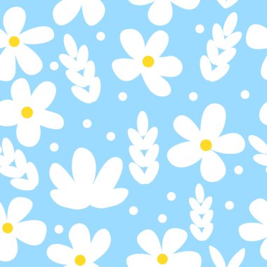 Soyut bahçe çiçeği, bitkiler, moda, kumaş, duvar kâğıdı ve mavi arkaplan rengi üzerindeki tüm baskıların kusursuz vektör deseni.. 