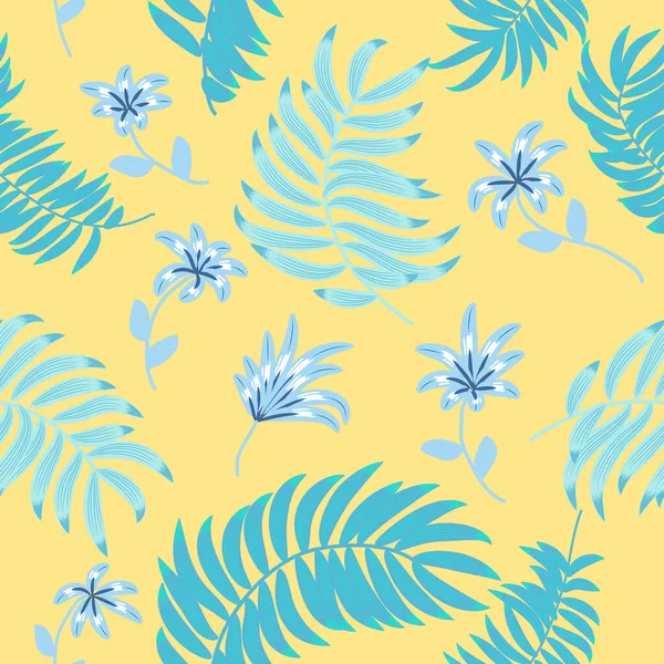 Płynny Wzór Dekoracyjnymi Niebieskimi Liśćmi Kwiatami Tropikalne Tło Wektora Tapeta — Wektor stockowy
