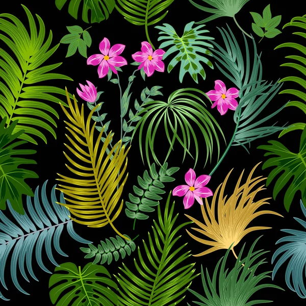 ヤシの木や花の葉とベクトル熱帯シームレスパターン 植物の光の背景 ジャングル壁紙 — ストックベクタ
