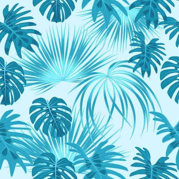 Modrý Bezešvý Vzor Příšerou Tropickými Listy Palem Vektorové Pozadí Džungle — Stockový vektor