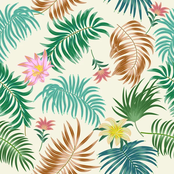 Patrón Sin Costuras Selva Tropical Vectorial Con Hojas Flores Palmeras — Vector de stock