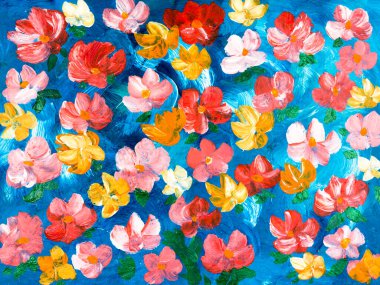 Abstract flowers, painting red and yellow original hand drawn, impressionism style, color texture, brushstrokes of paint,  art background.  Modern art. Contemporary art.