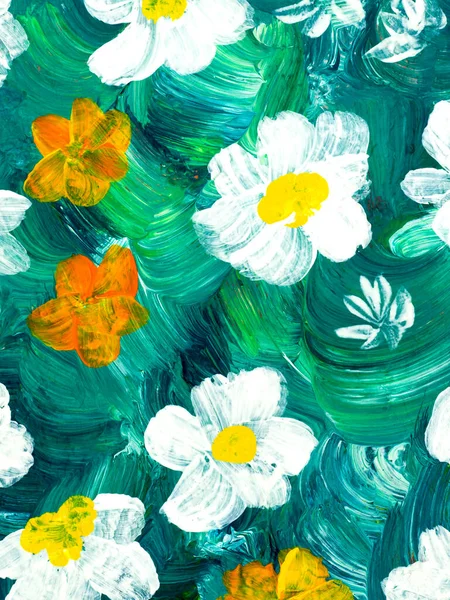 Abstract Painting White Flowers Green Original Hand Drawn Impressionism Style — 스톡 사진