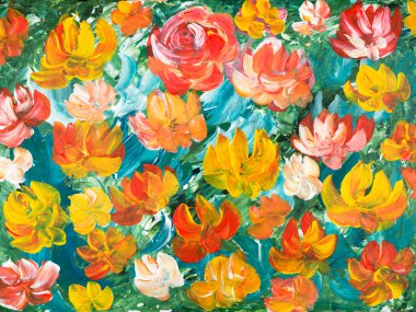 Abstract painting red and yellow flowers, original hand drawn, impressionism style, color texture, brushstrokes of paint,  art background.  Modern art. Contemporary art.