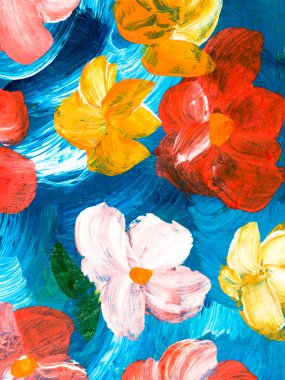 Abstract flowers, green, yellow, blue, and red painting  original hand drawn, impressionism style, color texture, brushstrokes of paint,  art background.  Modern art. Contemporary art.