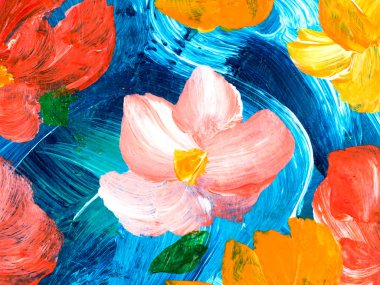 Abstract flowers, painted red and yellow original hand drawn, impressionism style, color texture, brush strokes of paint,  art background.  Modern art. Contemporary art.