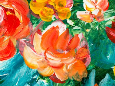 Abstract painting red and yellow flowers, original hand drawn, impressionism style, color texture, brushstrokes of paint,  art background.  Modern art. Contemporary art.