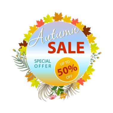 Sonbahar satışı için şablon tasarımı. Renkli akçaağaç yaprakları, çiçekler ve palmiye yaprakları. Vektör illüstrasyonu.