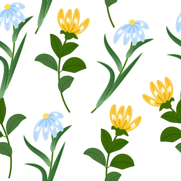 Nahtloses Muster Mit Blauen Und Gelben Blüten Florale Dekorative Vektorhintergrund — Stockvektor