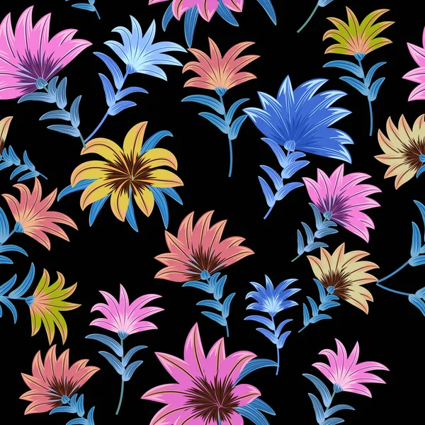 无缝隙的矢量图案 在黑色背景上有抽象的花朵 平面设计用花卉装饰图解 — 图库矢量图片