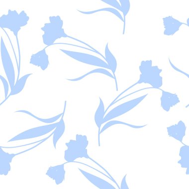 Çiçeksiz desen, beyaz vektör arka planında mavi çiçekler..