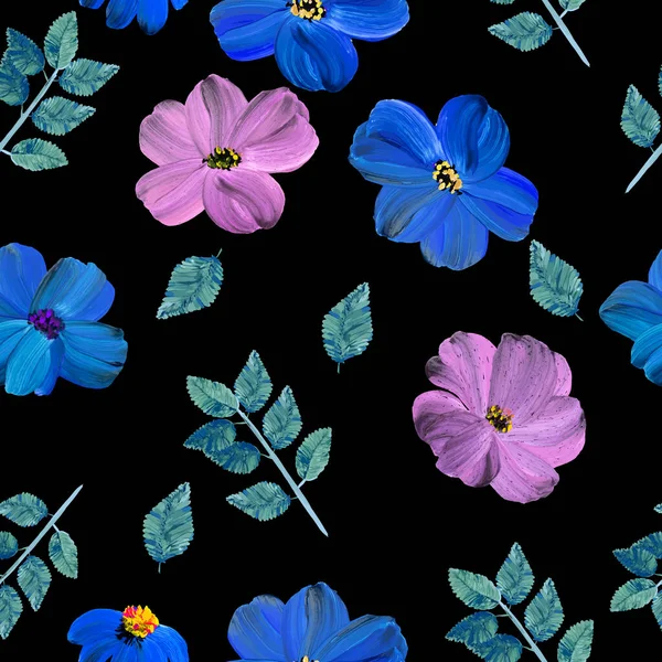 Modèle Vectoriel Sans Couture Peinture Abstraite Fleurs Bleues Roses Dessiné — Image vectorielle