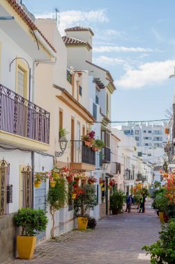 Eski şehir Estepona 'da renkli saksıları olan tipik bir cadde. Estepona, Endülüs, İspanya