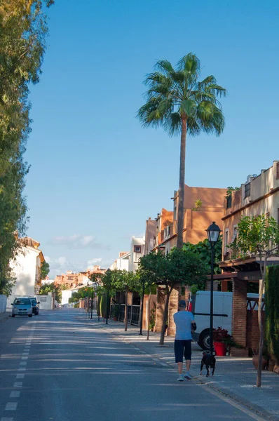 Eski şehir Estepona 'da renkli saksıları olan tipik bir cadde. Estepona, Endülüs, İspanya