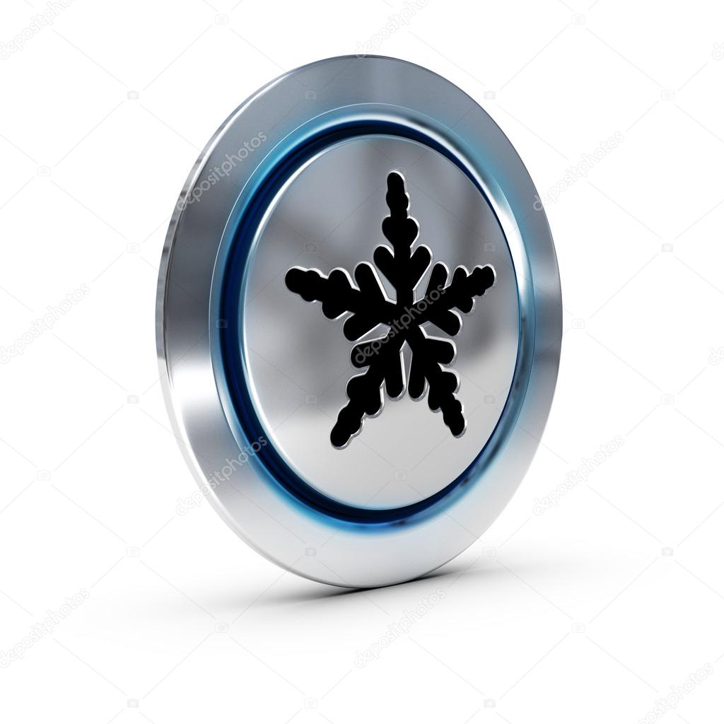 Metallic air conditioning button over white background, blue light and flakes symbol