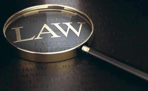 黒い背景と虫眼鏡の上に黄金の文字で書かれた単語の法律 3Dイラスト — ストック写真
