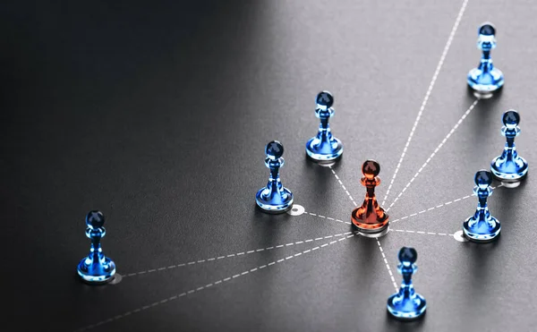 ビジネスリンクと関係の概念 黒の背景に白の点線で結ばれた赤と青の質屋 3Dイラスト — ストック写真