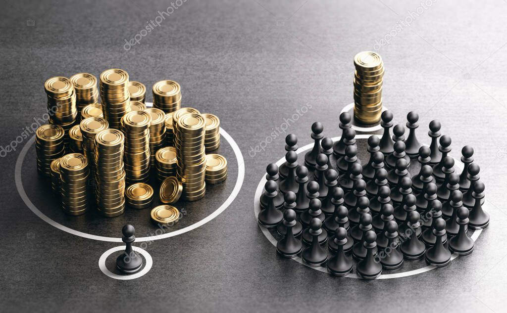 Many pawns and symbolic golden coins over black background. Concept of economic inequality and rich vs poor people. 3D illustration.