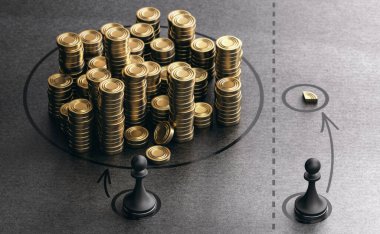 Two pawns and symbolic golden coins over black background. Concept of economic or income inequality and economic gap between rich and poor. 3D illustration. clipart