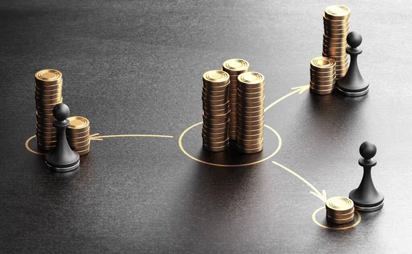 所得の不平等な分配の概念 黒の背景に一般的な黄金のコインや質屋の3Dイラスト — ストック写真