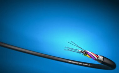 Üzerinde kopya alanı olan mavi arkaplan üzerindeki fiber optik kablonun 3B çizimi.