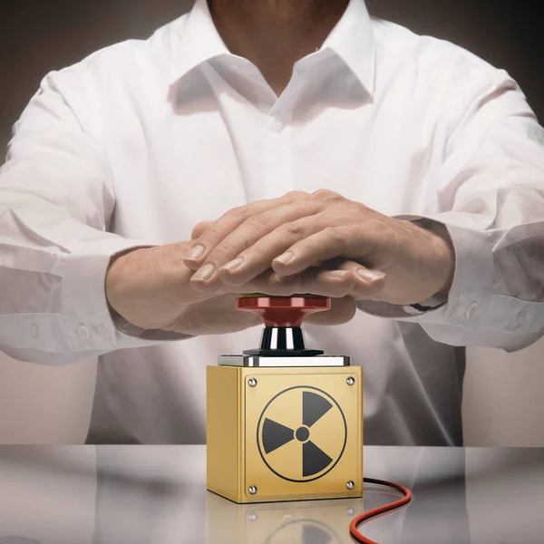 Man Pushing Nuke Button Concept Nuclear War Composite Image Hand — Stock Photo, Image