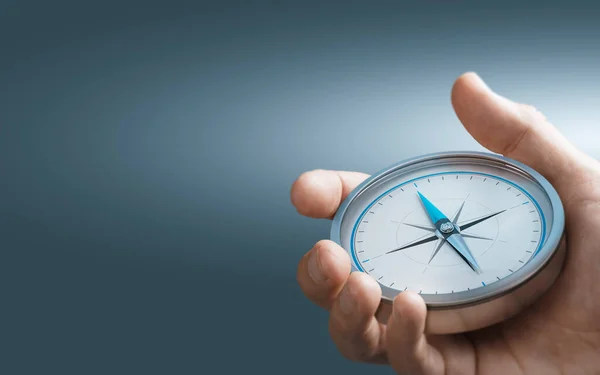 Hand Holding Compass Blue Background Copy Space Concept Strategic Orientation — Stock Photo, Image