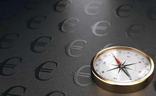 Golden Compass Black Background Euro Symbol Copy Space Concept Asset — Fotografia de Stock