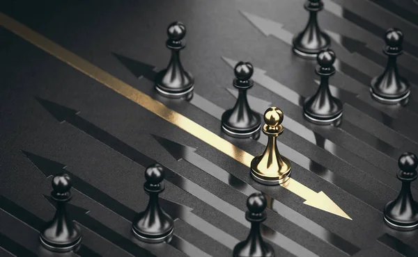 Illustration Many Black Pawns Going Same Direction Golden One Going — стоковое фото