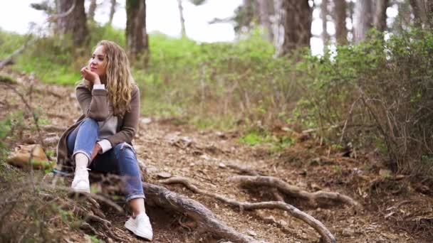 Ein Mädchen sitzt im Wald auf den Wurzeln eines Baumes — Stockvideo