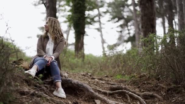 Ein Mädchen sitzt im Wald auf den Wurzeln eines Baumes — Stockvideo