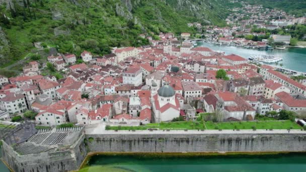 Montenegro Kotor old town and cruise liner aerial photography — стоковое видео