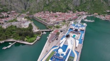 Montenegro Kotor old town and cruise liner aerial photography