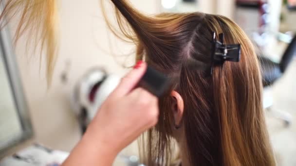 Girl dye hair in a beauty salon — Stock Video