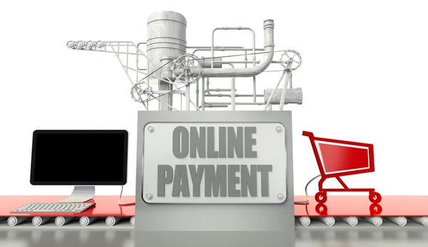 Koncepcja płatności online, komputer i koszyk — Zdjęcie stockowe