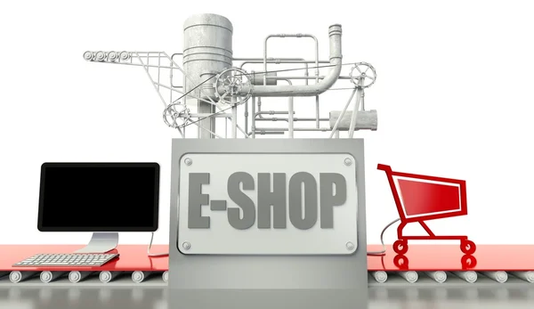 Concetto e-shop con computer e carrello — Foto Stock