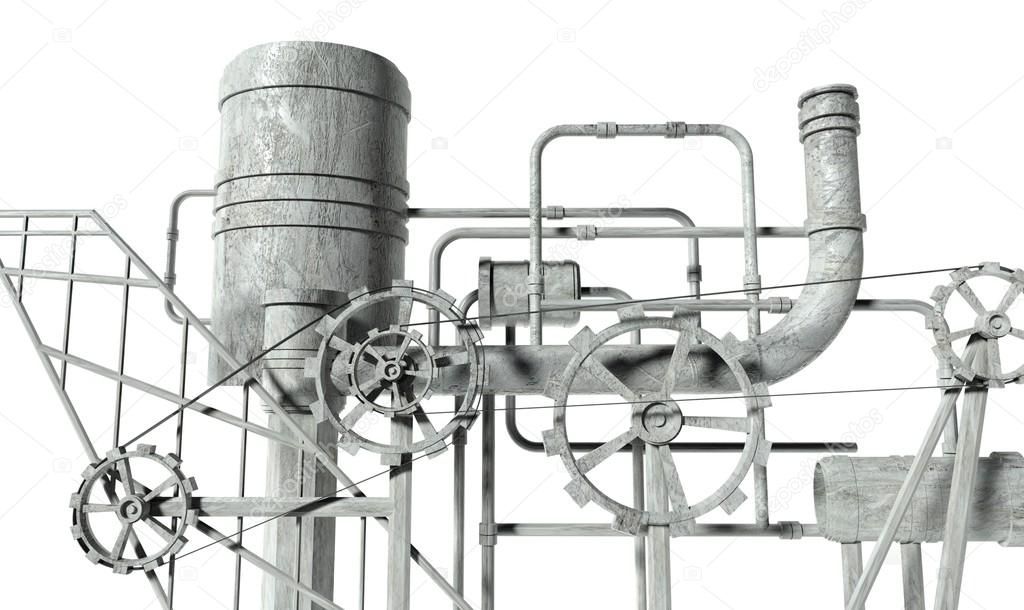 Complex machine with gears, pipes on white background