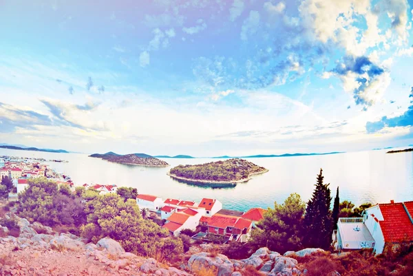 Panorama över kust, öar och gamla stan, Kroatien Dalmatien — Stockfoto