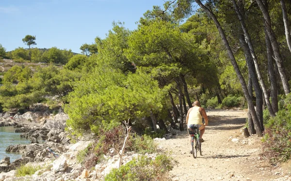 Senior ciclista grasa montar a caballo camino de grava, Croacia Dalmacia — Foto de Stock