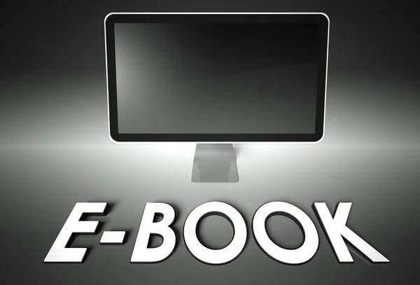 Κενή οθόνη υπολογιστή με τη λέξη e-βιβλίο — Φωτογραφία Αρχείου