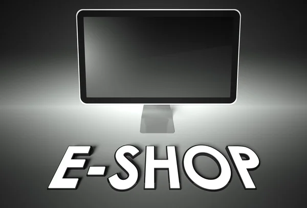 Computer leeg scherm met word e-shop — Stockfoto