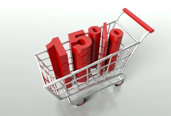 Carrinho de compras e quinze por cento de desconto — Fotografia de Stock