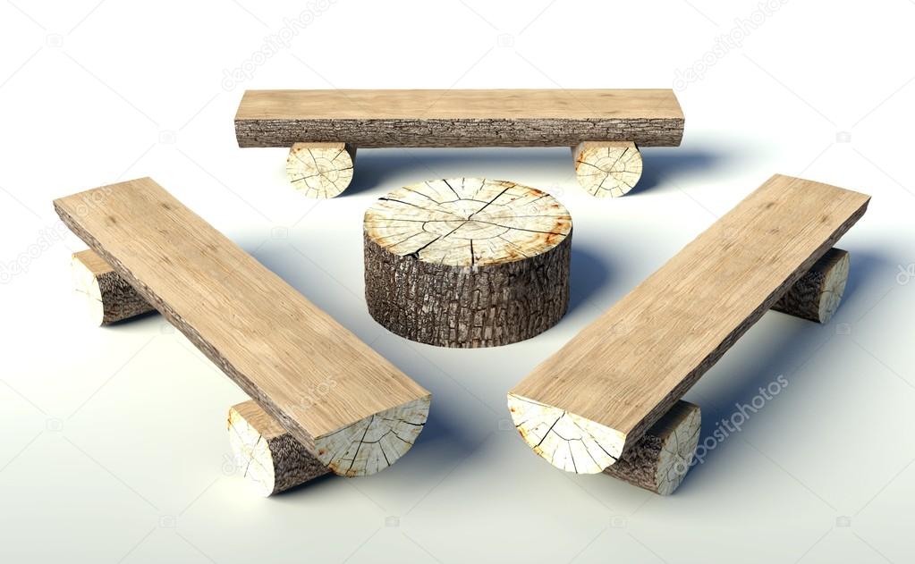 Wooden bench and table made of tree trunks