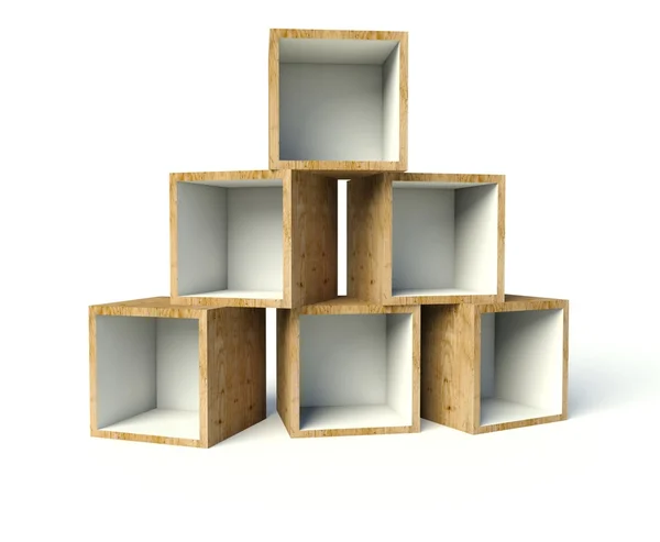Open wooden boxes on stack, isolated on white — Stock Photo, Image